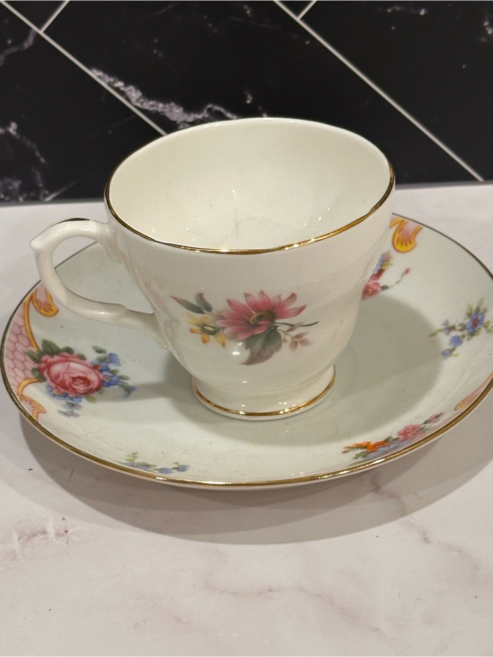 Vintage Mismatched Duchess Teacup & Czechoslovakia Floral Saucer Set